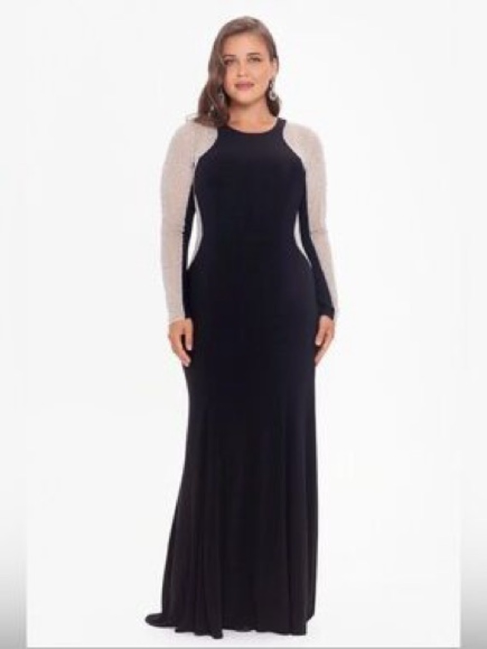 XSCAPE Illusion Black Evening Gown with Beaded Sleeves